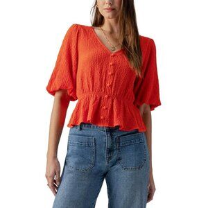 SANCTUARY Women's Textured Button Front Blouse Size L In Spicy Orange
